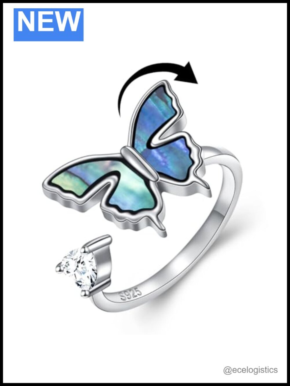 925 Sterling Silver Abalone Shell Butterfly Spinner Anxiety Ring Adjustable